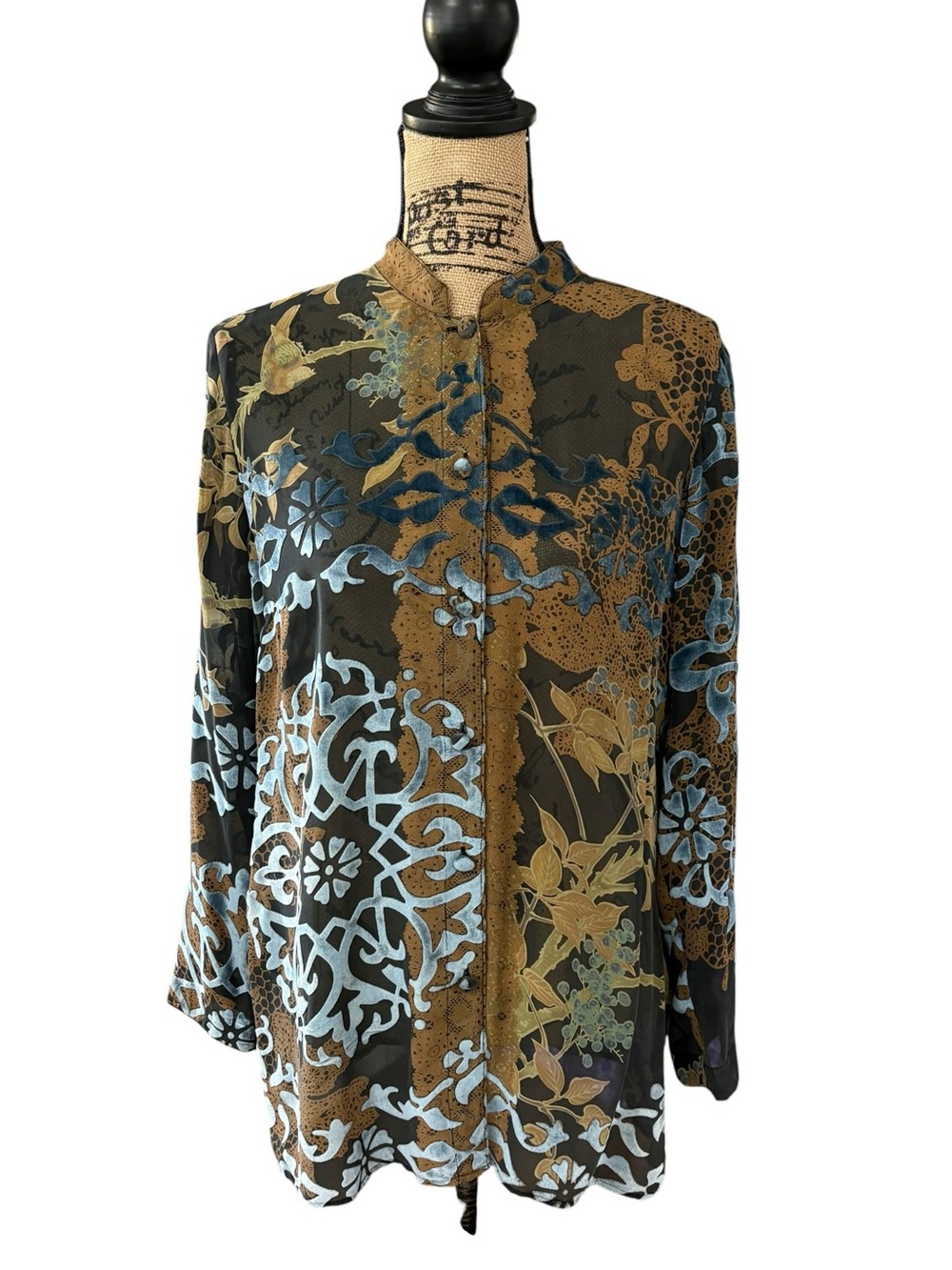 Citron Santa Monica Burn Out Velvet Top Blouse Floral Rayon Silk Brown Blue Med